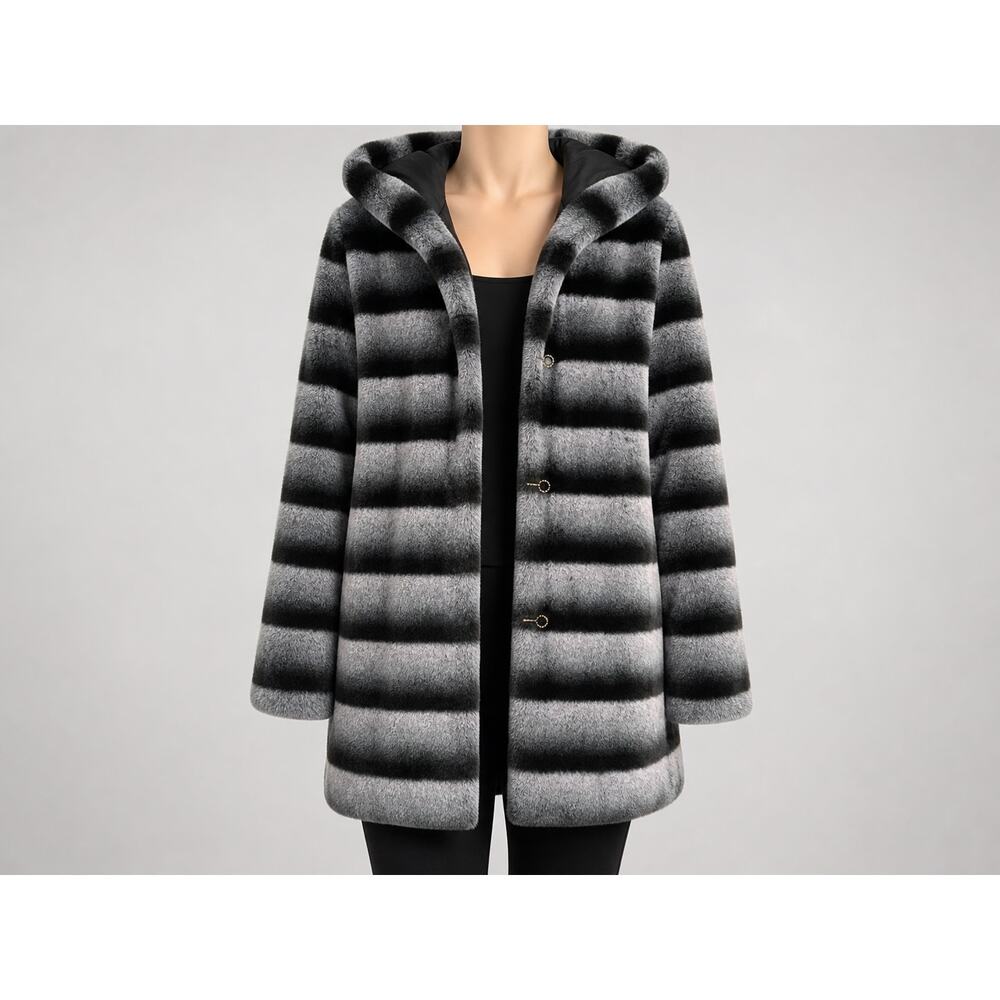 Fhillinuo Faux Fur Hooded Coat Women XXL/2XL Gray Black Striped Plush Jacket NWT